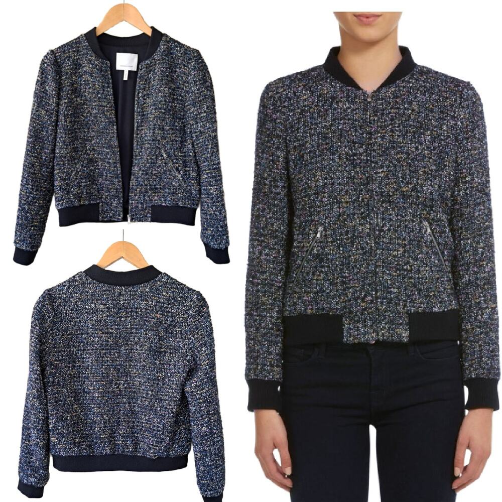 Rebecca Taylor Navy Multi Tweed Bomber Jacket Size 4 MSRP $630